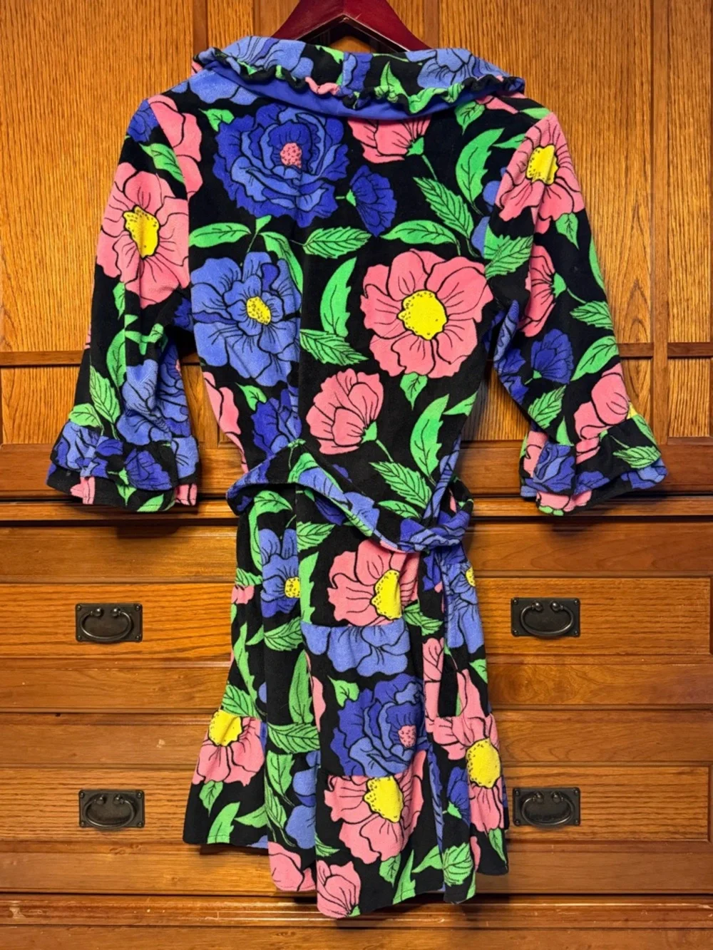Betsey Johnson Intimates Robe Terry Cloth Retro Neon Whimsical Ruffle Floral 90s - Picture 6 of 10